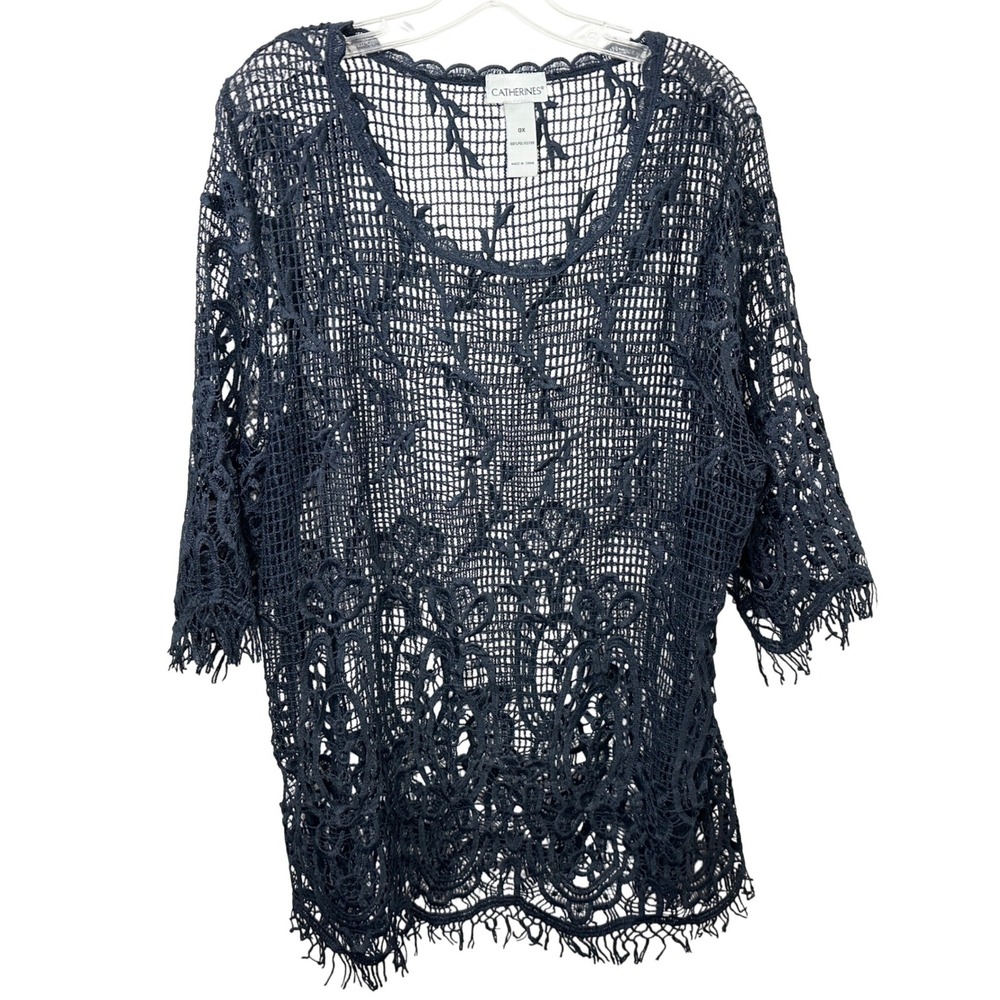 Catherines Plus Size 0X Lace Top Navy Blue Crochet Tunic Boho Witchy Gothic 179 - Picture 1 of 8